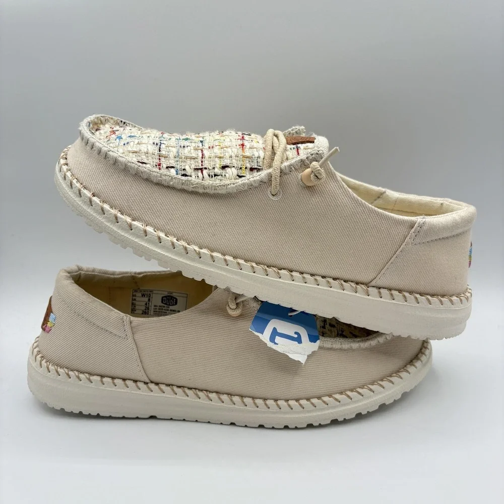 Hey Dude Shoes Womens Size 10 Beige Slip-On Wendy Funk Tweed Canvas Comfort NEW